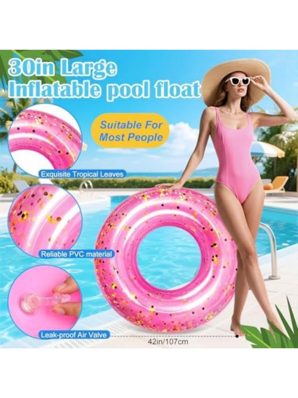 4 Pcs 42 Inch Large Inflatable Pool Float Set - Adult Rose Pink & Gold Fun! - Picture 3 of 6